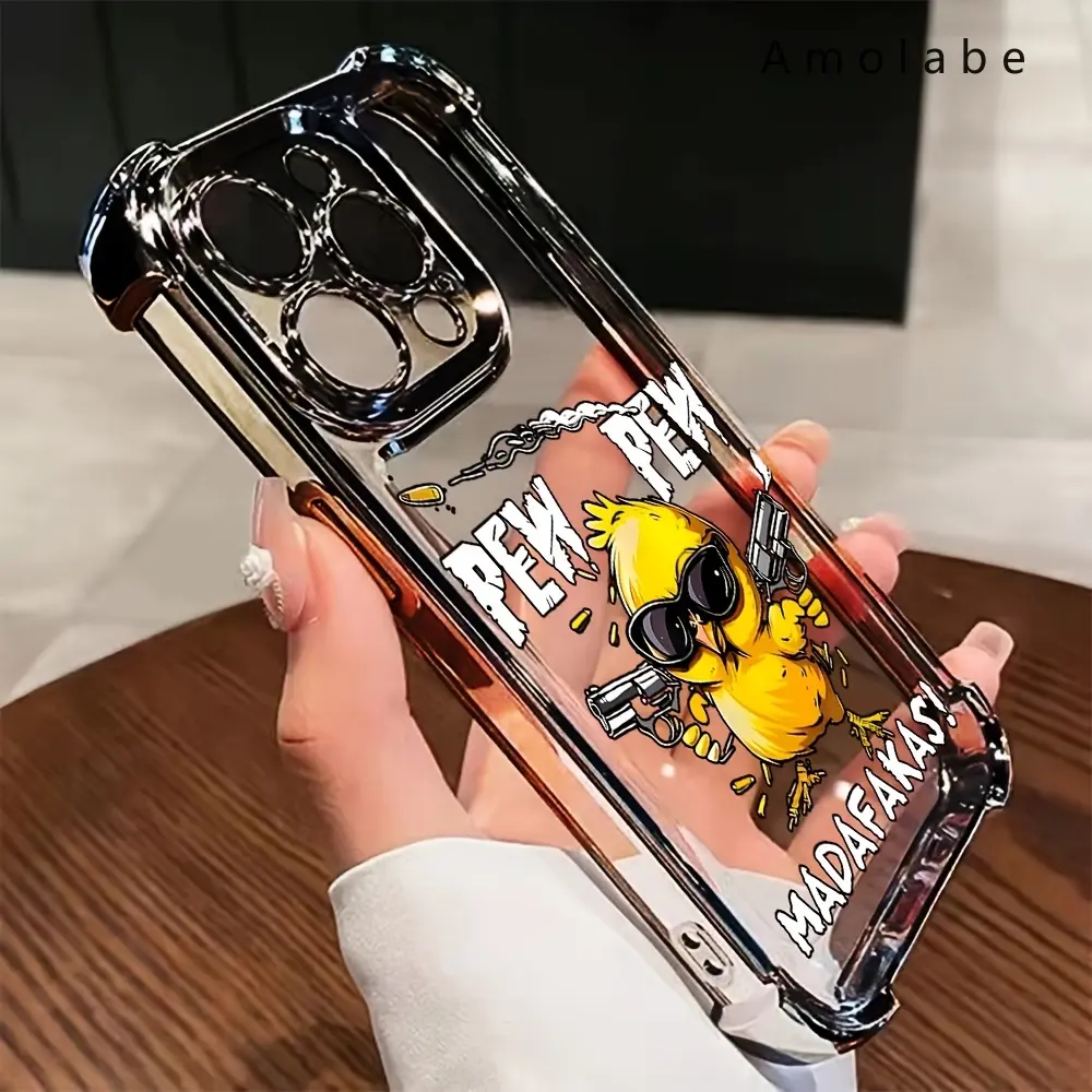 Fashionable cute cartoon little yellow duck with gun mobile phone case suitable for Samsung S22 S23FE S24PLUS S24ULTRA, and iPhone16 15 14 13 12 Pro Max Plus anti-fouling trend, lens protection summer new non-slip design suitable for gifts