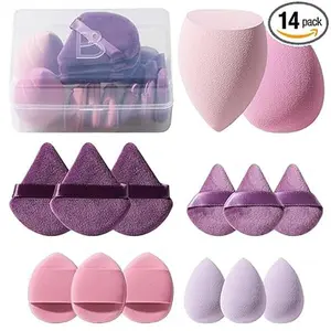14-Piece Multi-Colored Triangle Makeup Sponges Set with Case - Includes Mini Sponge, Suitable for Liquid, Cream, Powder Products (A-Purple), All