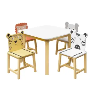 5 Piece Kiddy Table and Chair Set , Kids Wood Table with 4 Chairs Set Cartoon Animals (bigger table) (3-8 years old),Preschool/Children's Desk and Chair Set, Preschool Dining/Learning/Playing/Drawing/Eating/Game Set
