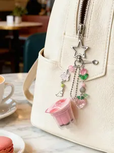 Japanese Pudding Keychain Pink Yellow Egg Flan Charm Y2K Beaded Egg Flan Charm Butterfly Bow Flower Star Car Key Ring Backpack Decoration