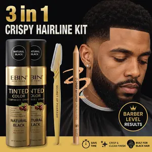 3-In-1 Temporary Hairline Spray Kit with Free Precision Razor & sweatproof Pencil – Professional Crisp Lineup At Home (Natural Black)