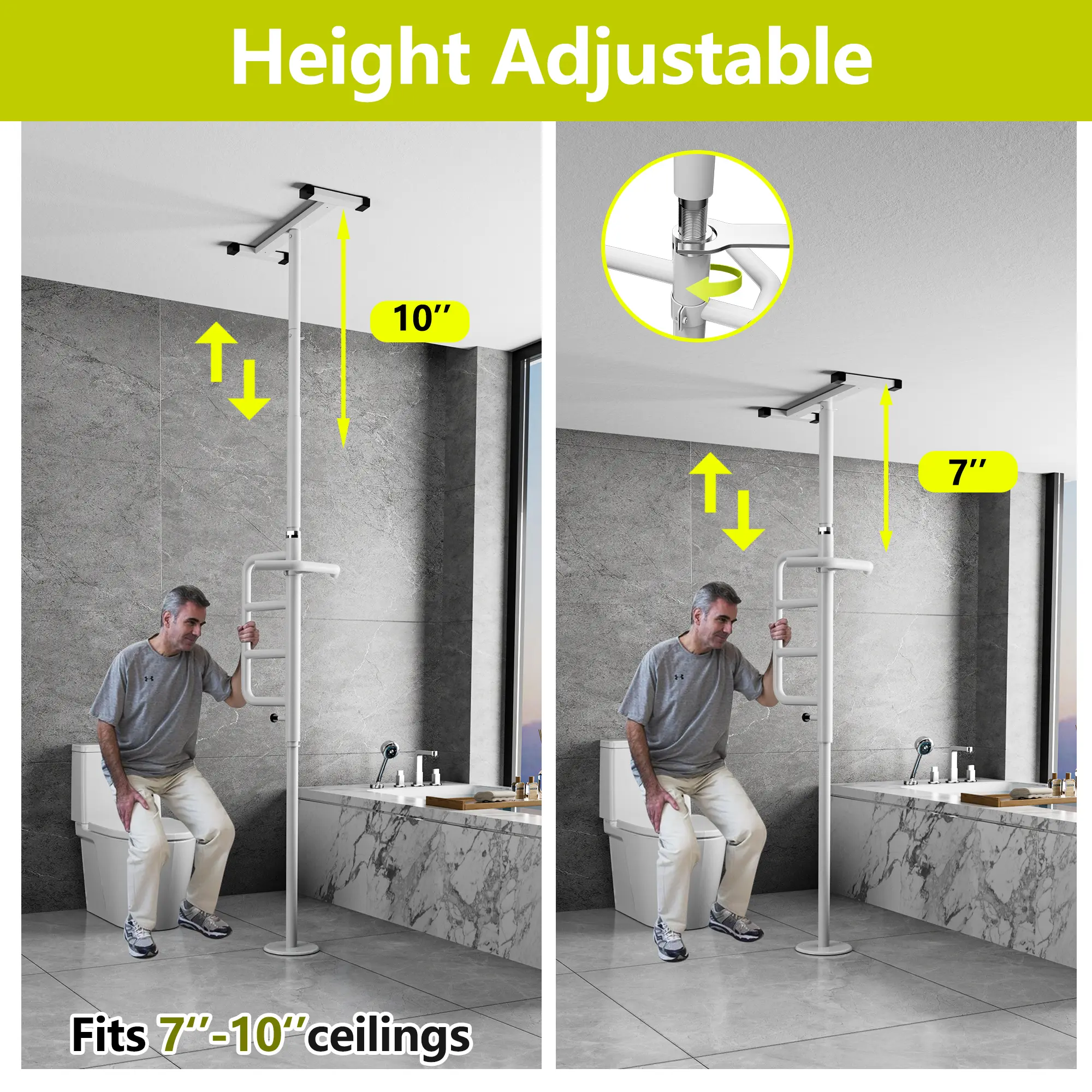【DealsForYouDays】FORGING MOUNT Tension-Type Floor-to-Ceiling Transfer Rod, Non-Slip Curved Handle Bathroom Safety Handrail, 300 lb Load Capacity, 7-10 ft Ceiling Fit for Seniors, White Home Improvement Fixture, Easy Home Interior Installation