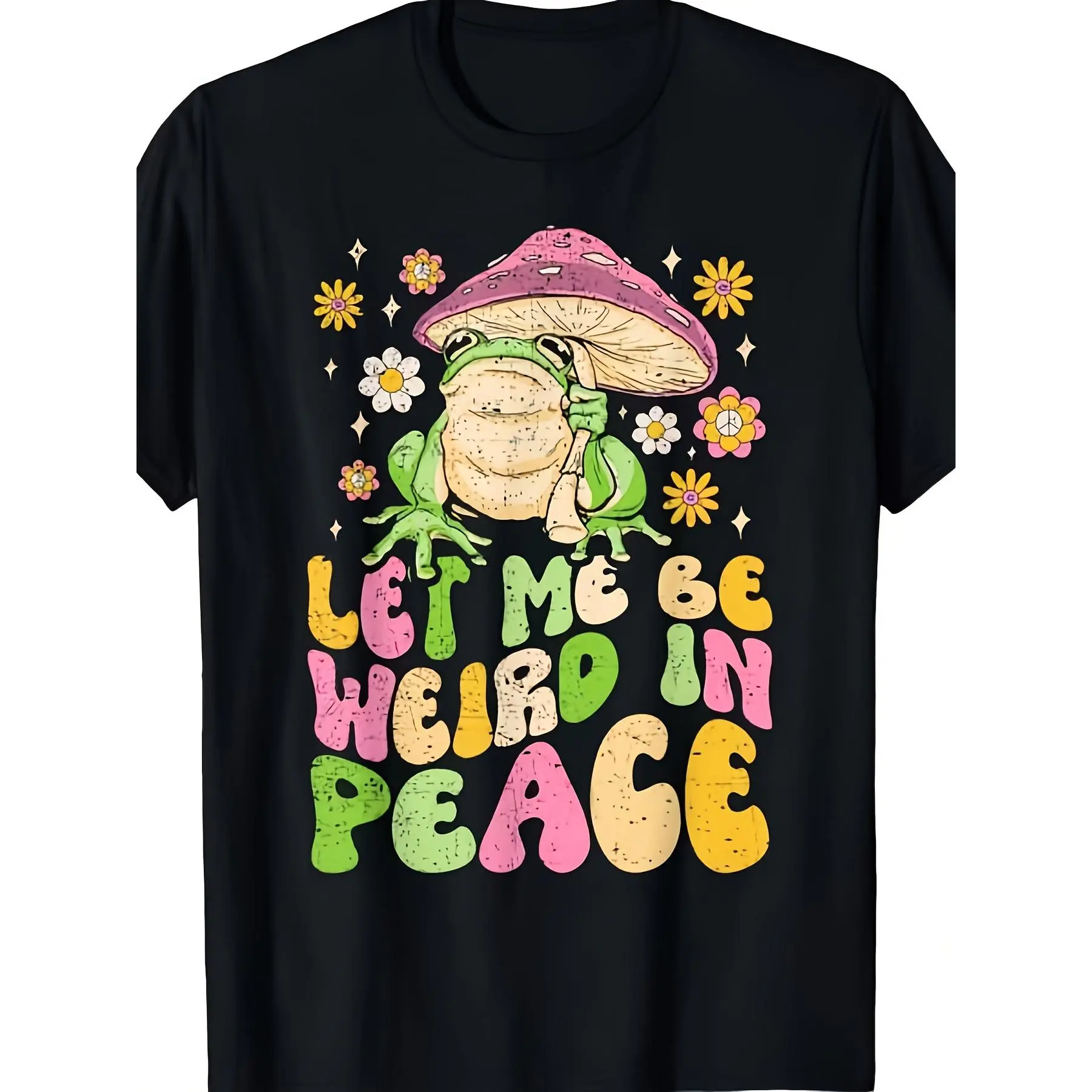 Men's Classic Soft Thick Relaxed Fit Short-Sleeve Round Neck Goblincore Frog Streetwear T-Shirt, Breathable Cotton Fabric, Whimsical Frog & Mushroom Multicolor Print, Casual All-Season Plus Size Wear, Tshirt, Shortsleeve, Menswear, Tops, Frog Print