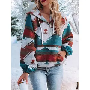 Aztec 1/4 Zip Pullover Hoodie Jacket – Drawstring Sweatshirt with Pocket for Women