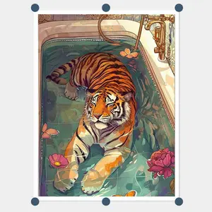 5D Full Drill Diamond Painting Kit - Whimsical Tiger Relaxing in Vintage Bathtub with Flowers & Butterflies, Round Acrylic Diamonds, Surreal Art Themed DIY Art for Home Wall Decor, Ideal Gift for Tiger & Craft Enthusiasts