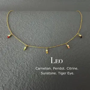 Dainty Leo Crystal Necklace, Zodiac Star Choker, Birthday Gift For Her, Carnelian, Citrine, Sunstone, Tiger Eye, Astrology Gift