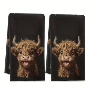 2pcs 23.6x15.7 In Highland Cow Kitchen Towels With Prints Featuring A Vintage Style Made Of Polyester Machine Washable Fade-Resistant Decorative Cloths Perfect For Christmas Cooking