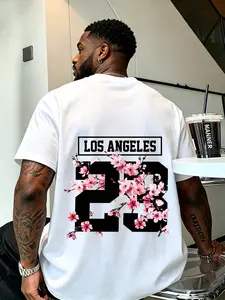 Los Angeles Cherry Blossom 23 Print T-Shirt, American High Street Loose Fit Short Sleeve Men's Top, Casual Long T-Shirt with Stars Pattern