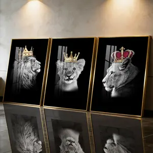 3Pcs Aluminum Alloy Framed Painting, Lion Family With Crowns Picture, Home Decoration For Living Room, Bedroom, Office, Restaurant, Hallway Wall Decor, Odorless Print Artwork, Luxury Perfect Gift For Friends And Family