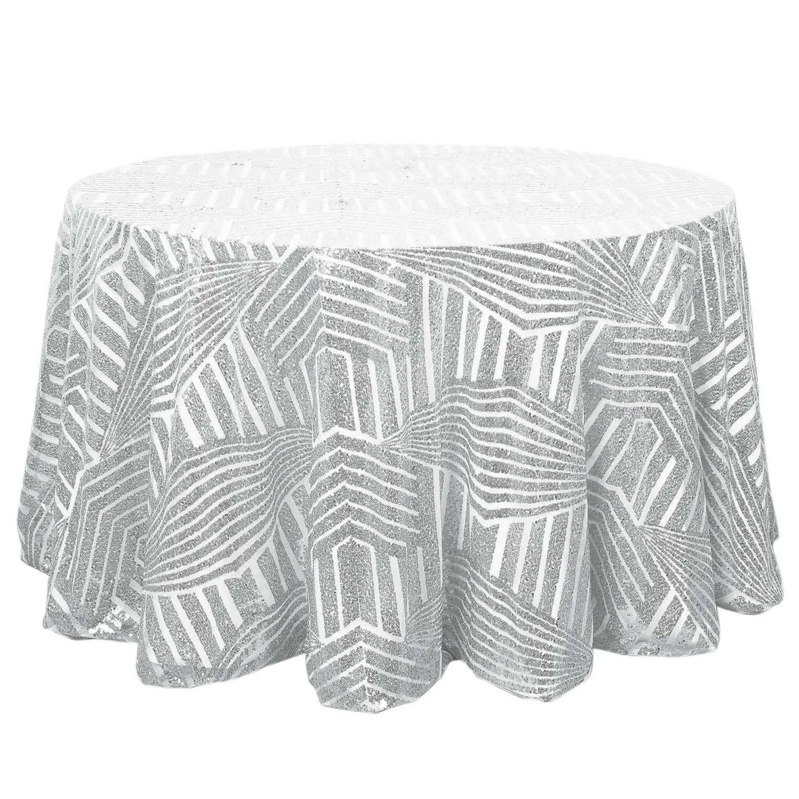 120" Round Sequin Tablecloth, Silver Seamless Diamond Pattern Table Cover for Table Decoration, Glitzy Look Special Events, Room Decor