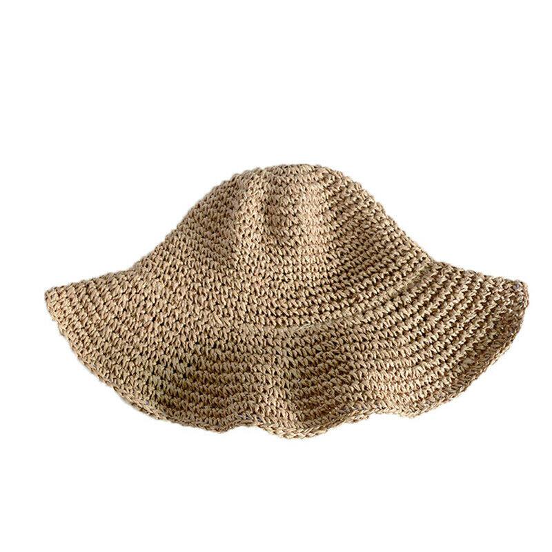 Women Summer Sun Hats Casual Solid Color Straw Hat Wide Brim Beach Hat Foldable Beach Travel Cap