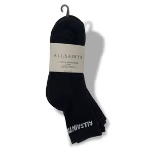 AllSaints 3PK HC Basic Sport Rib Shortie Crew Socks for Women - Everyday Logo Comfort, Soft Breathable Knit, Versatile Black Colorway, Iconic Logo, Stretch Blend Fabric