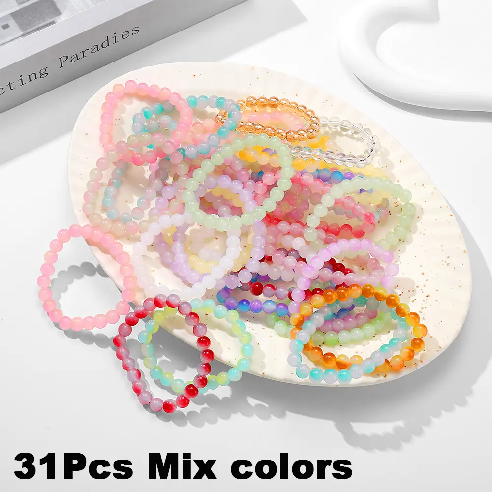 31Pcs Bohemian Handmade Natural Stone Bracelets Set Unisex Crackle Bead Bracelet Collection, Fashion Ornaments for Holiday Travel Daily Gathering, Vibrant Stackable Elastic Bead Bracelet Mix Colors