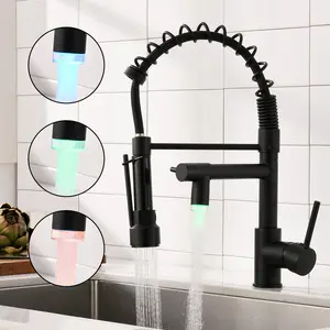 LED Commercial Kitchen Faucet with Pull Down Sprayer, Matte Black Kitchen Sink Faucet, Single Handle High Arc Gooseneck Faucet with 360° Rotation, Stream & Spray Modes for Kitchen Laundry Farmhouse Restaurant Camper Trailer