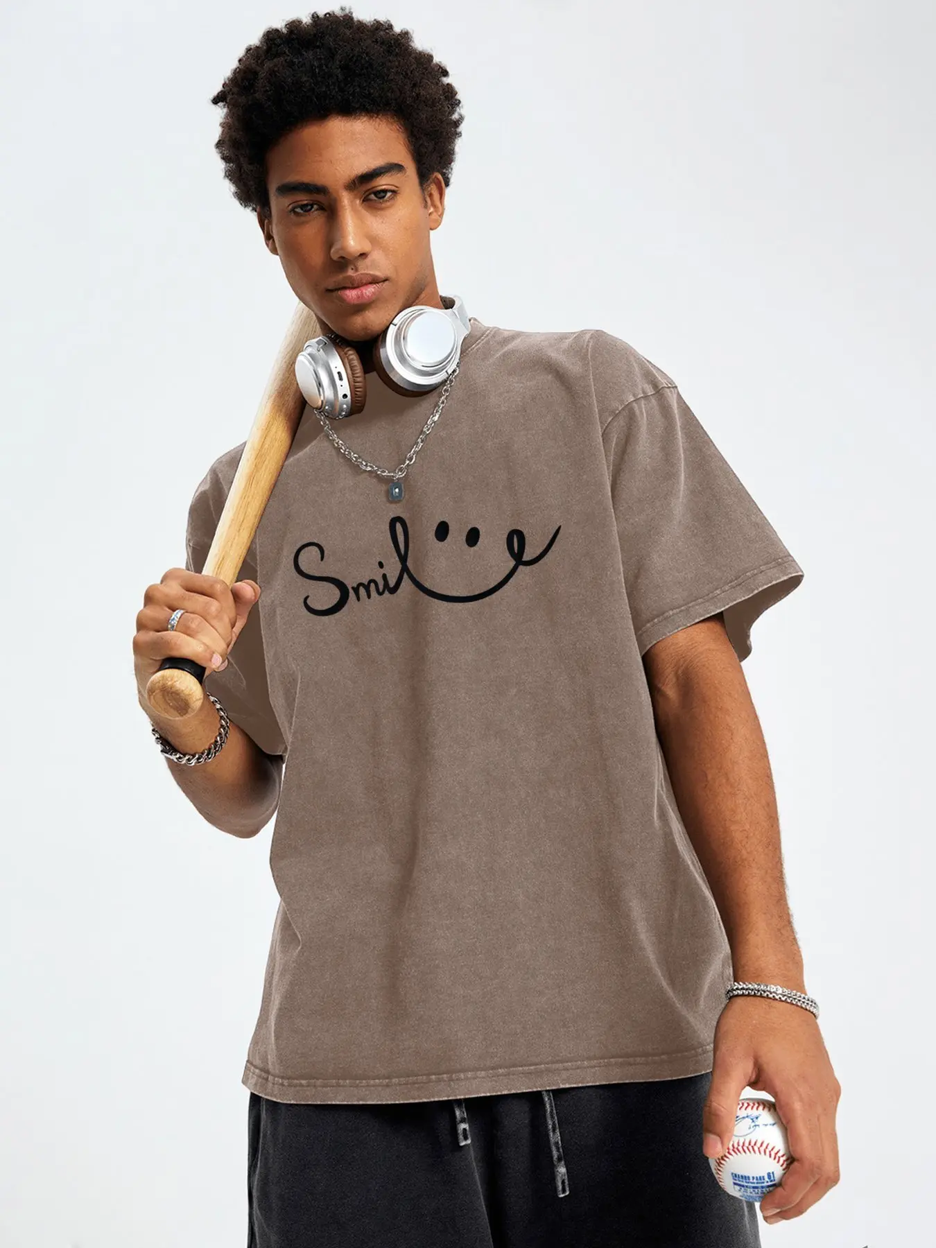 Acid Washed Retro Short Sleeve Tee Black Handdrawn Smile Symbol Print Oversized T Shirt Men Minimal Casual Streetwear Top