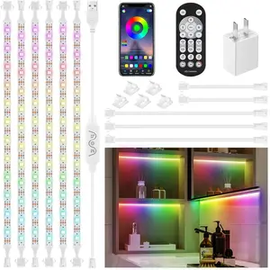 6Pcs Under Cabinet Lights Kit,Music Sync Color Changing LED Lights with RF Remote and APP,Dimmable Flexible Cabinet Lights,5V USB Under Cabinet LED Lighting for Counter Shelf Bookcase TV Back-6x1.64ft