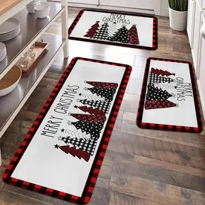 2/3pcs Christmas Kitchen Carpet Floor Mat, Merry Christmas Tree Floor Mat, Buffalo Grid Winter Snowflake Printed Flannel Non slip Floor Mat, Suitable for Kitchen, Entrance Doors, Laundry Room, Bathroom, Living Room, Room Christmas Decoration Floor Mat