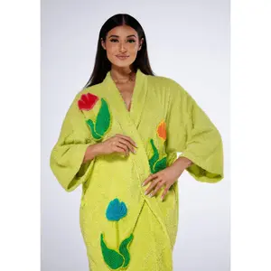 Tulip Garden Chenille Kimono Robe - Lime Green Long Sleeve Dopamine Style All Seasons Loungewear Nightwear 40" Length