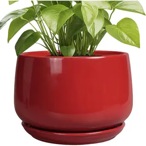 Ceramic  Pots - 9 Inch Flower pots for Indoor Outdoor , Round Planter with Drainae and Saucer, Modern Home Decor, ift for Women Men, Red