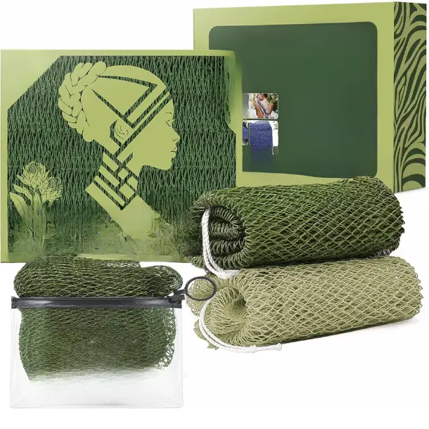 African Net Sponge, 2 Pack 45-Inch Exfoliating Bath Scrubber Quick-dry knotted mesh for body and back; use with soap or body wash. Olive Green & Light Green gift set with travel pouch