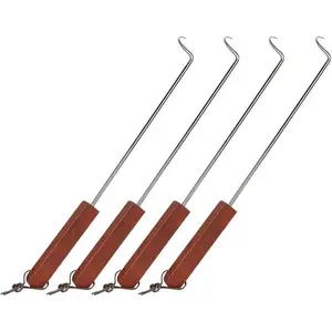 4 Pack Pigtail Meat Flipper Hook, 17 Inch Stainless Steel BBQ Meat Hook with Wooden Handle, Steak Turner Flipper Hook, Pigtail  Flippers for Grilling, , Easy to Clean & Right Handed