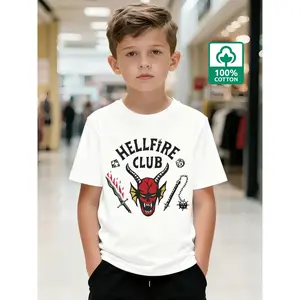 Round neck, short sleeve Stranger Things Hellfire Club printed unisex kids' blouse — casual daily wear series.