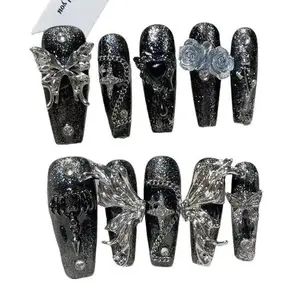 S30 Press-On Fake Nail Stickers - Future Silver Metallic Cyberpunk Demon Dark Night Resurrection Style, Dusty Pink, Hex-Cut Glitter, Glitter Rhinestones, Reusable, Colorful Nail Art Decorations, Press On Nails