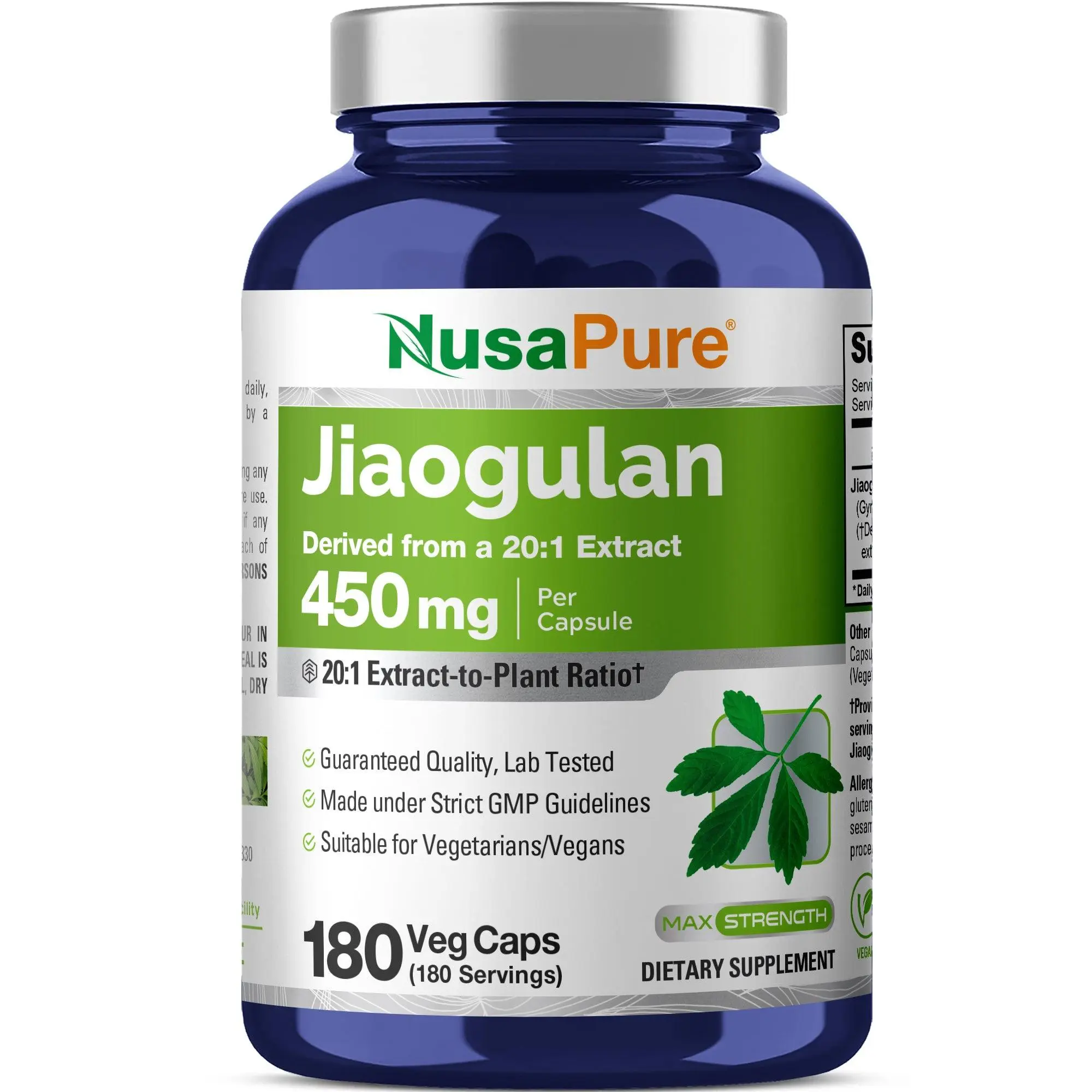 NusaPure Jiaogulan (Gynostemma Pentaphyllum) 20:1 Extract Dietary Herbal Supplement, 450 mg, 180 Veggie Capsules - Natural, Vegetarian, Non-GMO, Vegan for Fitness Support