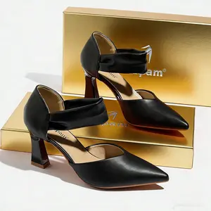Women Classic Vintage Black PU Elastic Ankle Strap High Heels,Pointed Toe Block Heel Two-Piece Stylish Summer Outfits for All Occations