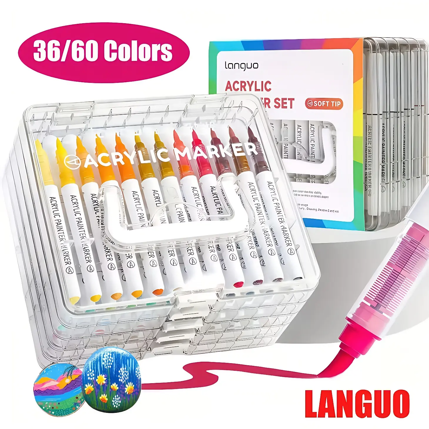 Languo Acrylic Marker Set with Storage Box, Acrylic Marker Pen, Art Drawing Supplies, Self-Control Soft Brush Head, Fast Drying Ink, Ideal for Rocks, Wood, DIY, Ceramics, Fabric Painting, Acrylic Paint Markers, Drawing Tools
