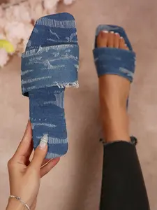 Women's Square Toe Denim Sandals, All-Over Printed Casual Style, Rubber Sole Anti-Slip Design, Trendy Washed Look, Perfect for Summer