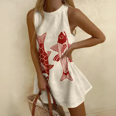 Women's Woven Cute Cartoon Ukiyo-E Koi Pattern Abstract Print Wave-Edge Above-Knee Mini Dress - Breathable, Lightweight Casual Wear for Spring, Summer