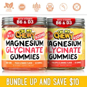 OH MY CHEWY Magnesium Glycinate Gummies Bundle – 2 Bottles (60 Each) – Pineapple Orange & Peach Mango Healthy Snacks