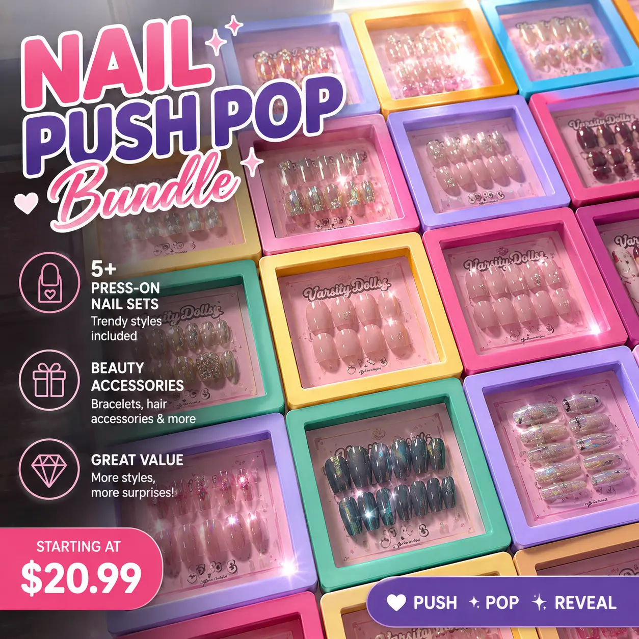 VarsityDolls Press-On Nail Push Pop Bundle - 5+ Nail Sets & Surprise Beauty Accessories