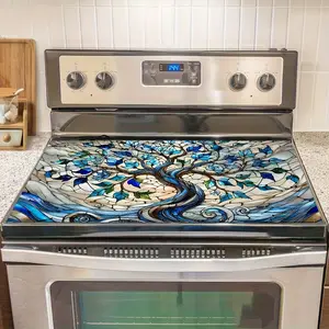 1 anti slip insulation pad, Kitchen Decorative Household Placemat, heat-resistant polyester stove cover, painted glass blade design, blue-green kitchen countertop protection pad, suitable for home decoration, oven pad, coffee machine pad