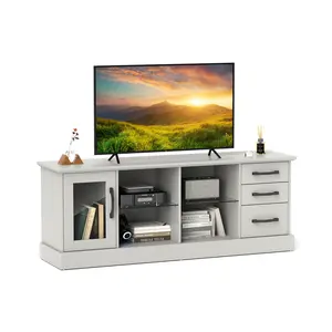 COSTWAY - 63 Inches Media Console Table with 3 Drawers and 2 Glass Shelves-Gray