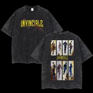 Invincible Printed Unisex Washed T-Shirt Medium Combed Cotton Acid Wash Oversized Fit Vintage Faded Color
