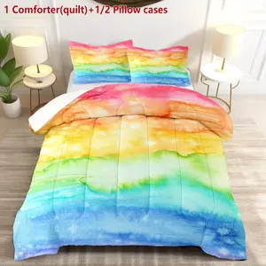 A set of three rainbow gradient quilted comforters, made of soft and breathable digital-printed polyester (including 1 comforter and 2 pillowcases, without pillow inserts). The comforter filling is 200 grams per square meter, featuring U-shaped quilting,