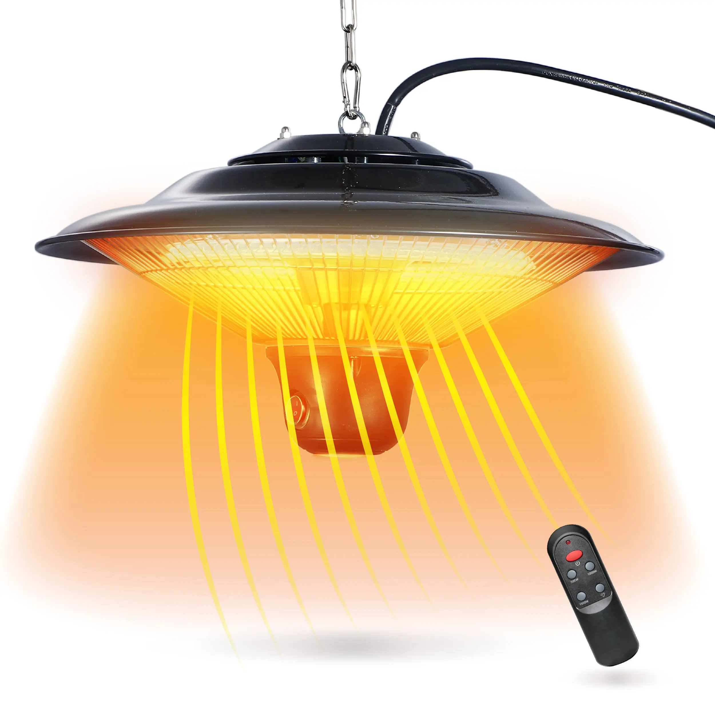 1500W Electric Heater with Halogen Lamp, Hanging Chain Mount with Remote Control, Heats Up To 54 Sq. Ft.