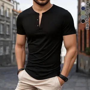 Men’s Summer Sports Henley-Neck T-Shirt — Breathable short-sleeve casual top featuring a buttoned collar and half placket design, suitable for fitness, training, and everyday wear — Solid color, versatile shirt