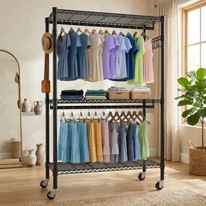 Littleox Rolling Clothes Rack, Heavy Duty Clothes Rack with Wheels, 3 Tiers Adjustable Wire Shelving Clothes Rack with 2 Clothes Rails and Side Hooks, Portable Closet Organizer, 35.43''×17.13D''×70.87''H,Black