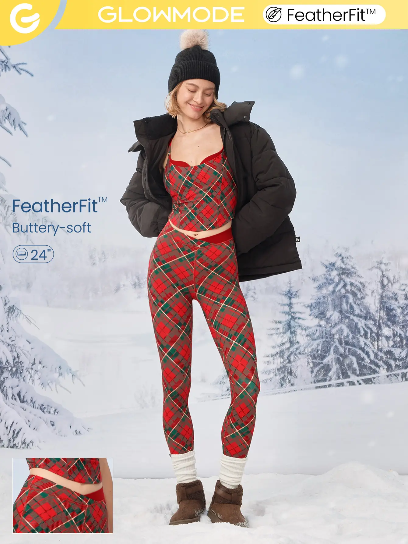 GLOWMODE 24" FeatherFit Merry & Bright Two-Tone Crossover Leggings Christmas Gifts Holiday Winter Low Impact Yoga Daily