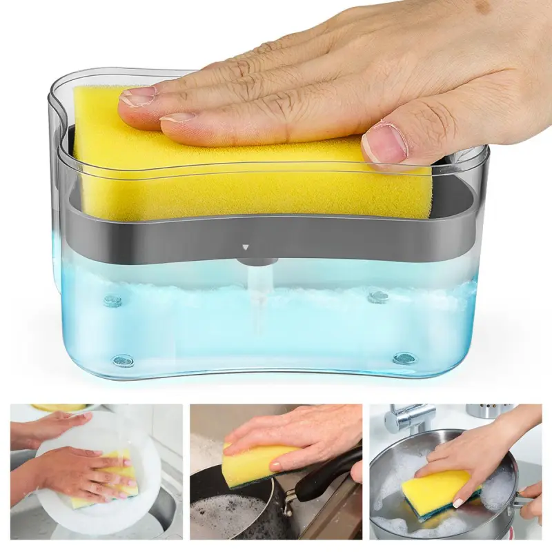 2 PCS  2-in-1 Soap Dispenser with Sponge Holder, Large Capacity One-Hand Press Design, Kitchen Sink Soap Pump Organizer with Drip Tray & Caddy for Clean Countertops