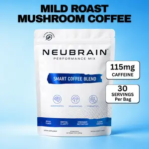 Neubrain Smart Nootropic Coffee | Medium Roast Mushroom Coffee, 100% Arabica Blend with Alpha-GPC, Lion's Mane & L-Theanine for Focus, Calm Energy & Clarity, No Jitters | 5 Mushroom Fruiting Body Extract | Gut Friendly Low Acid Blend, 30 Servings