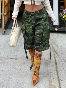 Women's Street Camouflage Loose Workwear Denim Cut Pants - Non Elastic Casual Pants With Side Pockets, Zipper Button Design, Summer Fashion Avant-Garde Pants