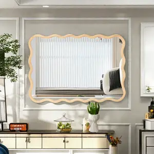 Smooth 40x28in Solid Wood Wavy Wall-Mounted Vanity Mirror, Modern Explosion-Proof HD Home Decor with Macrame Tapestry, Mirrored Faux Diamonds, Coin-Recognition Bank, Grandfather Clock Pendant for Bathroom, Bedroom