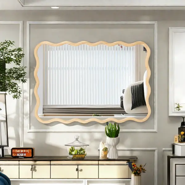 Smooth 40x28in Solid Wood Wavy Wall-Mounted Vanity Mirror, Modern Explosion-Proof HD Home Decor with Macrame Tapestry, Mirrored Faux Diamonds, Coin-Recognition Bank, Grandfather Clock Pendant for Bathroom, Bedroom