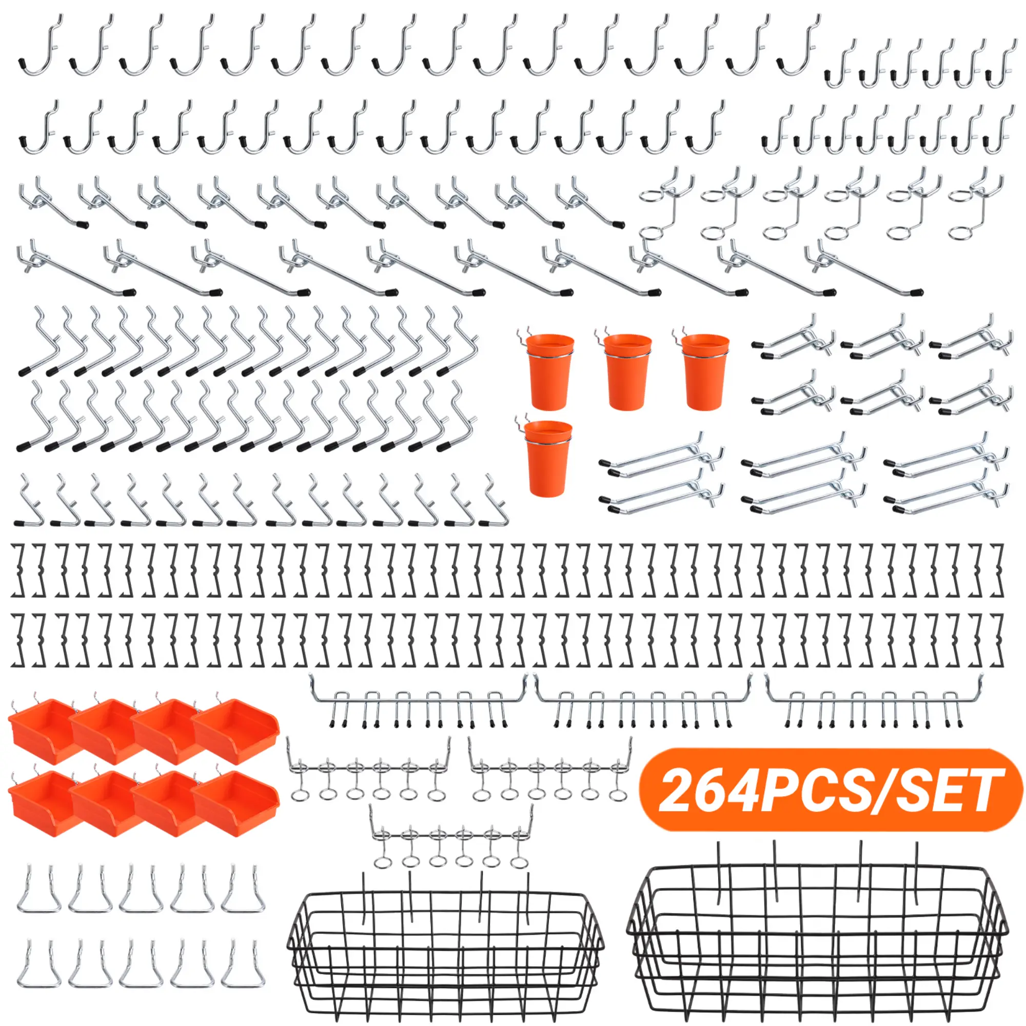 264-Piece Double Peg Design Galvanized Surface Pegboard Organizer Accessories Kit - Hooks, Bins, Cups, Baskets for 1/4 in Pegboard Wall, Workbench, Basements; Hanging Storage for Shops (Father's Day Gift), Garage Organization