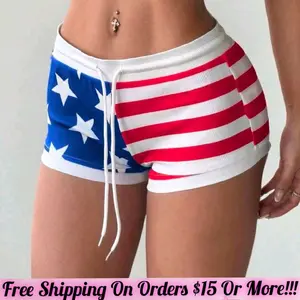 ROMWE Women's American Style Flag Knit Shorts with Patriotic Design and Drawstring Waistband Womenswear Bottom