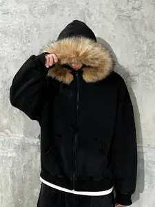 Men's Faux Fur Hooded Zipper Sweatshirt, Comfortable Oversized Winter Street Style Jacket, Warm Soft Fabric, Casual Urban Function Aesthetic
